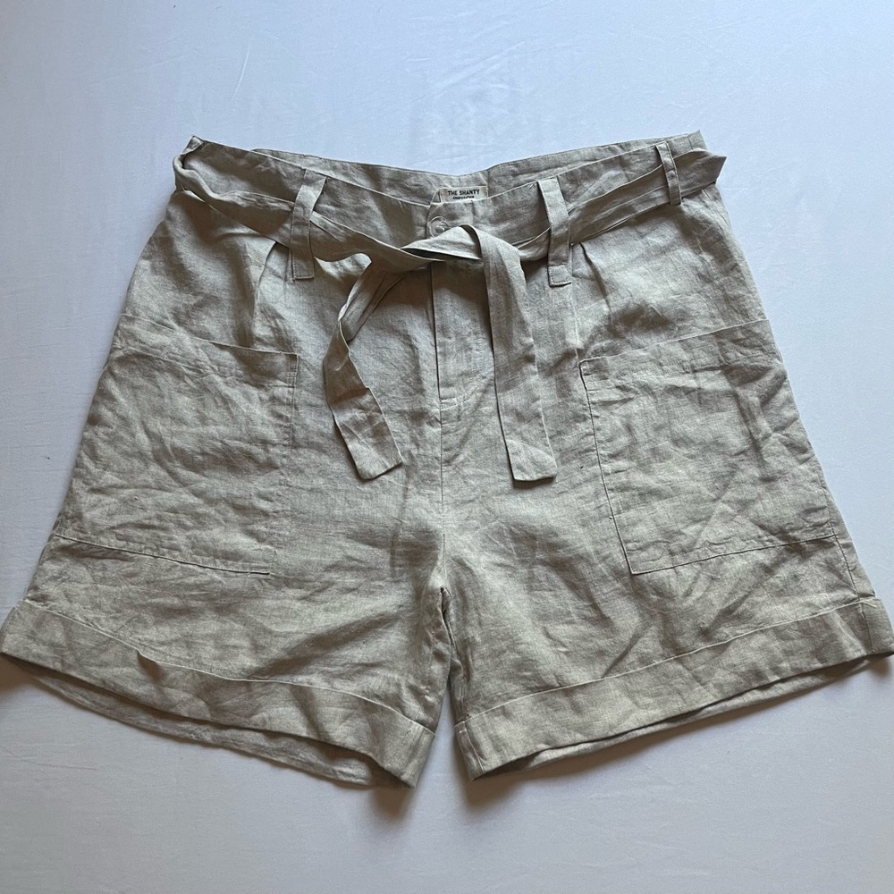 THE SHANTY CORPORATION tan linen‎ belted pleated front high rise shorts